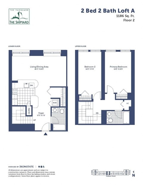 Floor plan for 2 beds, 2 baths, 1186 sqft